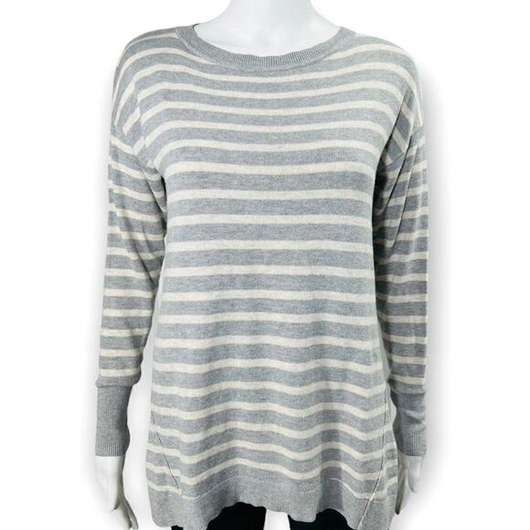 Caslon Stripe Crew Neck Sweater Gray Zip Back Long Sleeve Small - Picture 3 of 8